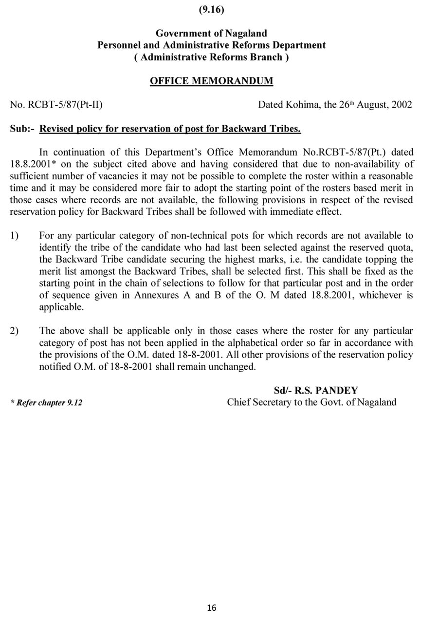 Revised Policy For Reservation Of Post For Backward Tribes Non 