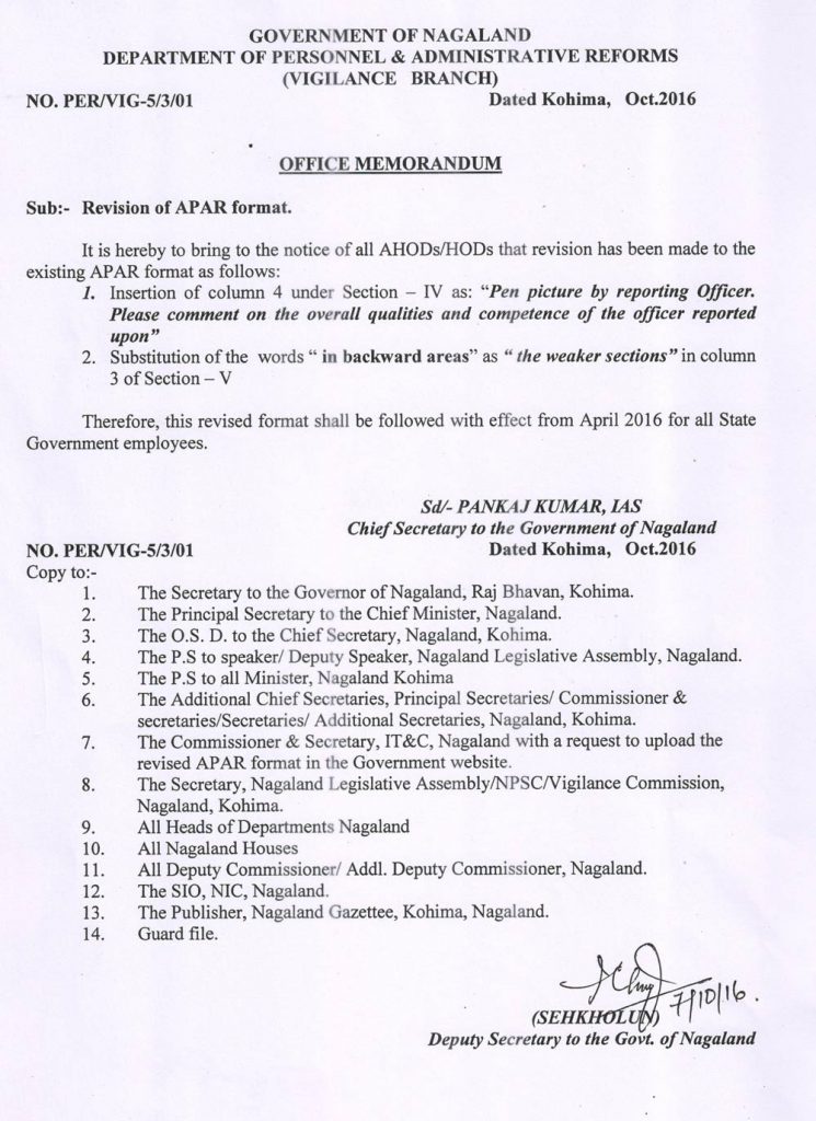 Revision of APAR Department of Personnel & Administrative Reforms