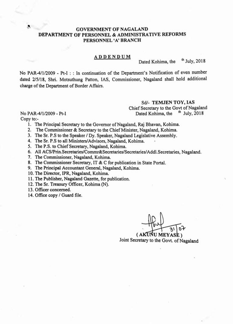 Addendum: Shri. Motsuthung Patton, IAS, Commissioner to hold addl ...